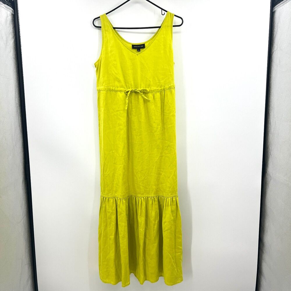 Jones New York 100% Linen Maxi Dress XXS Oversized Chartreuse Yellow Tiered